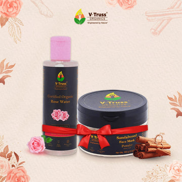 V-Truss Organics Face Combo Pack - Sandalwood Face Mask Powder with Steam Distilled Rose Water